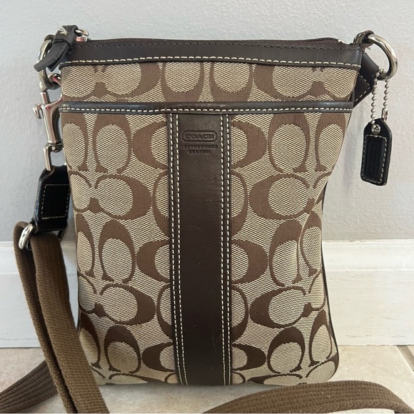 Coach Signature Stripe Swingpack Khaki Brown Leather Crossbody #F06016 - Picture 2 of 16